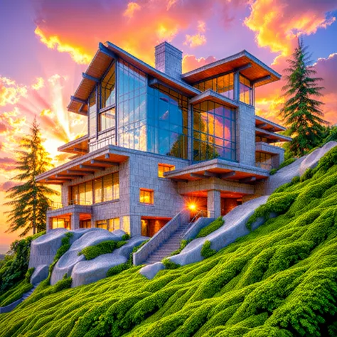 architecture, (HILL) resort, vine, trees, cloud, sunset, vivid colours, sky, masterpiece,best quality,super detailed,realistic,photorealistic, 8k, sharp focus, a photo of a building day light, sun, cloud, RAW Photo, RAW texture, Super Realistic, 32K UHD, D...