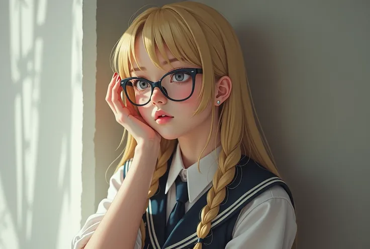 holding head　一人のHigh School Girls　(masterpiece), (best quality), 
long blonde hair　glasses　High School Girls　kawaii　Science　( serafuku),(Japanese School Uniform),  asymmetrical bangs that grab the chest
(high quality, 8k, 4K, high contrast, masterpiece:1.2...