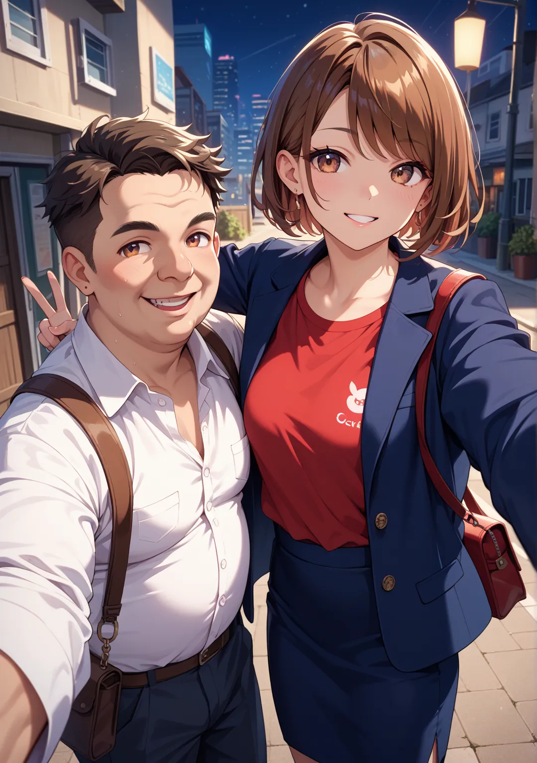 Selfie,1 girl,1 man, standard height,short hair,straight hair that can't be seen from the outside ,brown hair,Brown Eyes,glamorous,swept bangs,her white button-up shirt,her dark blue skirt,her dark blue blazer,walk,bag,night,,fat old man,middle age man,Sel...