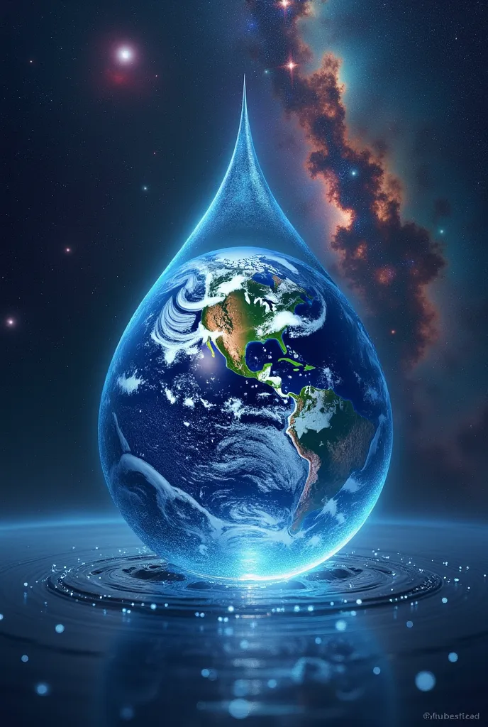 The Earth turns into a water drop and the universe becomes a background... with an illustrative feel