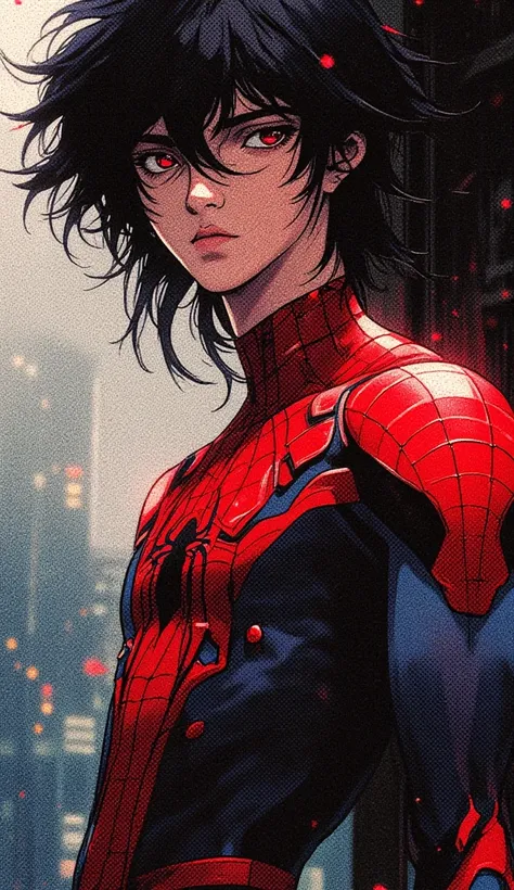 Femboy boy with big black hair and red eyes and Spider-Man clothes