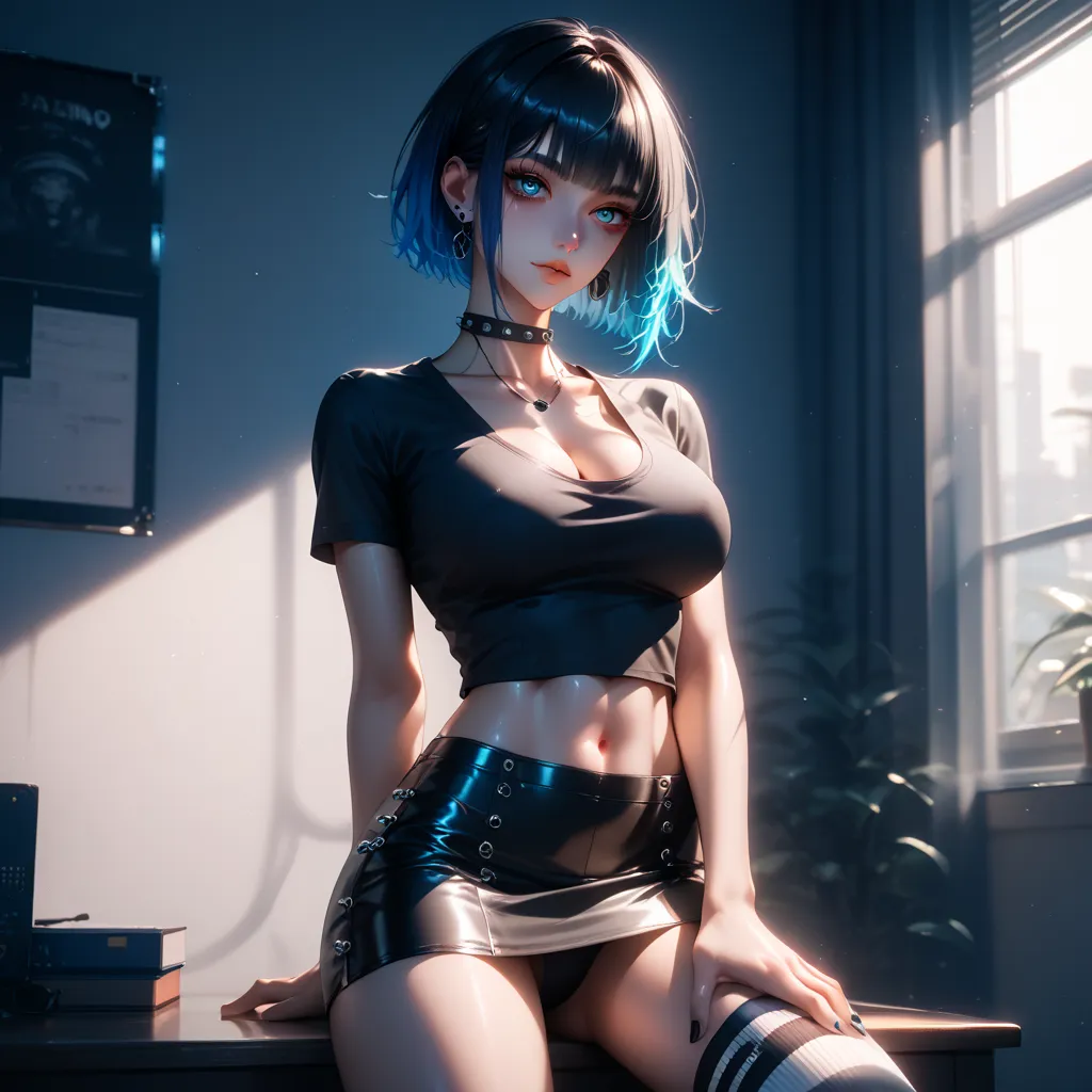 hand on own ass, (blue black, hair, gradient hair ), top quality、 ( professional lighting without shadows )、 surreal, is fascinating、figure like a slender supermodel、 1 girl, ( big breasts, Belly button exposed), ( flat at honny, beautiful skin)), (明るい and...