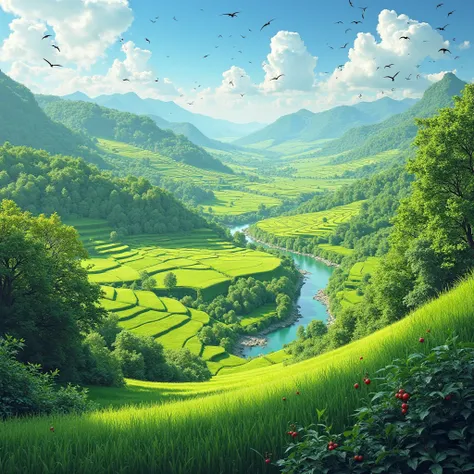 A breathtaking, lush landscape of endless green fields, with rich, vibrant grass swaying gently in the breeze. The land is abundant with trees, their leaves a deep, healthy green, filled with fruits and foliage that represent growth and prosperity. A seren...