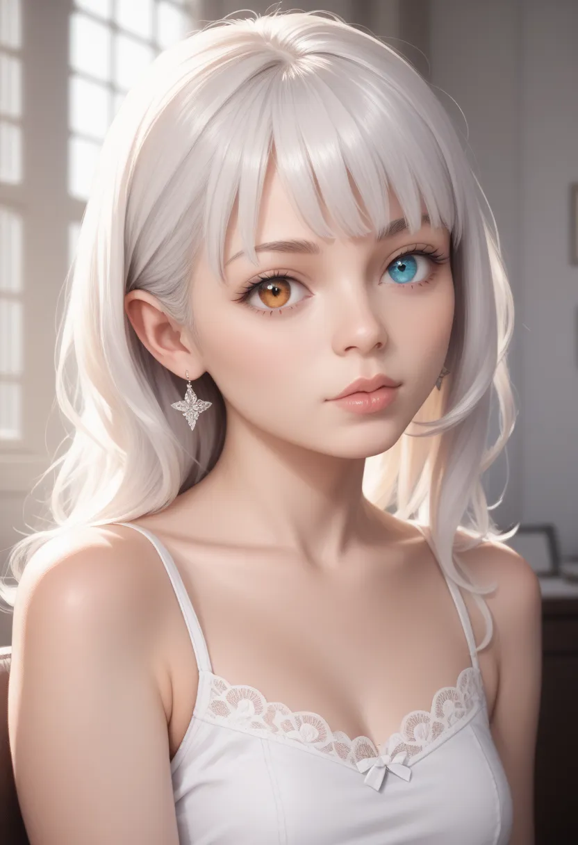 the best quality, masterpiece, ultra high resolution, (Photorealistic: 1.4), RAW photos, 1 girl, bare shoulders, cinematic lighting, kissing poses,  heterochromia, White hair, White hair