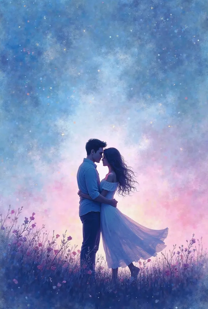 A dreamy, impressionistic painting with soft gradients of blue, pink, and purple. In the background, a subtly blurred starry night sky creates an atmosphere of infinite tenderness. In the foreground, two delicate silhouettes of lovers gently intertwine, th...