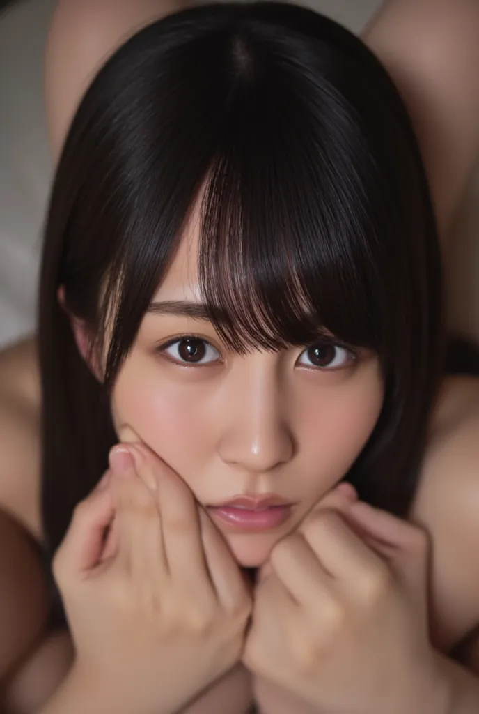 1人の girls, supine , On the floor, Tilt your head,  Put Your Hand on Your Chest  , spread your legs, foot to your chest, knees,  recommended gender , On the desk , (  motion line:1.3), upper body, girls, 22 years old, long hair , ( blunt bang),  black hair,...