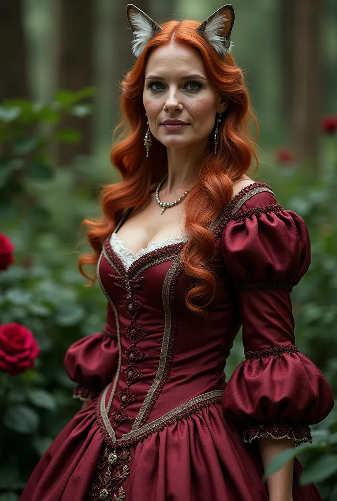 realistic full-length cougar 50-year-old cougar with red hair dressed in a 19th century dress background forest with burgundy roses cougar worth handing over to the camera photo realism 