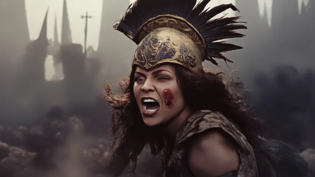 An Amazon warrior is shouting a war cry, with sweat on her face and an expression of fury. She has a scar on her face and is wearing a helmet similar to that of the goddess Athena. The scene is depicted in a realistic style, capturing the intensity and det...