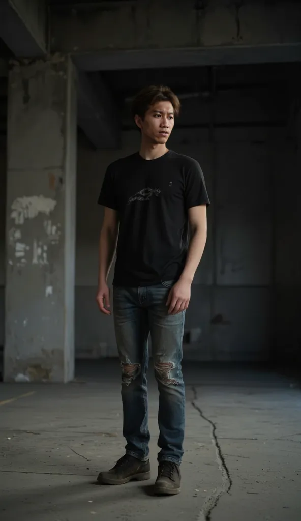 A young man was standing in a dark warehouse,  short men ,  short hair , curly hair, wear a dirty, shabby black t-shirt, wearing ripped jeans ,  Sideways facing , black shoes