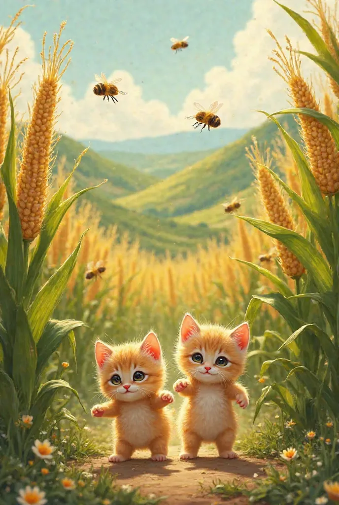 Baby cats in a cornfield stung by bees