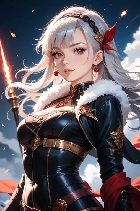 long straight woman with silver hair red eyes cute cool black clothes anime western style