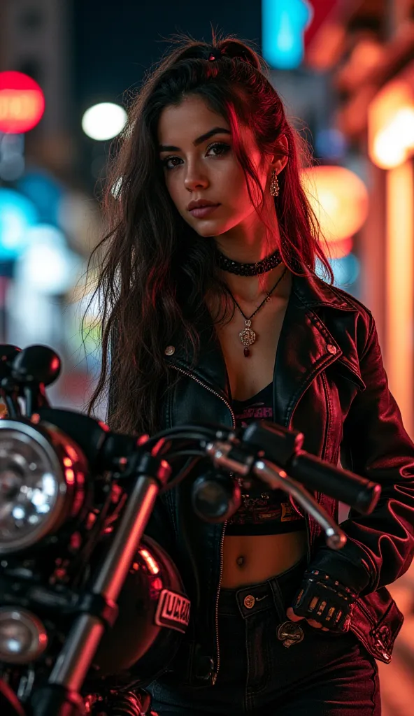 (long range:1.3), (full body:2.0), Latin woman , Super cute 19 year old brunette ponytail wearing biker clothes behind a Harley Davidson or Indian motorcycle , From night in the city full body 