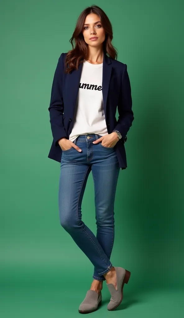 half Photography of a women. He is wearing a fitted navy blue blazer over a white-colored sweater with word "Summer ". paired with slim-fit blue jeans. His outfit is complemented by light gray suede shoes giving him a polished yet casual look. His confiden...