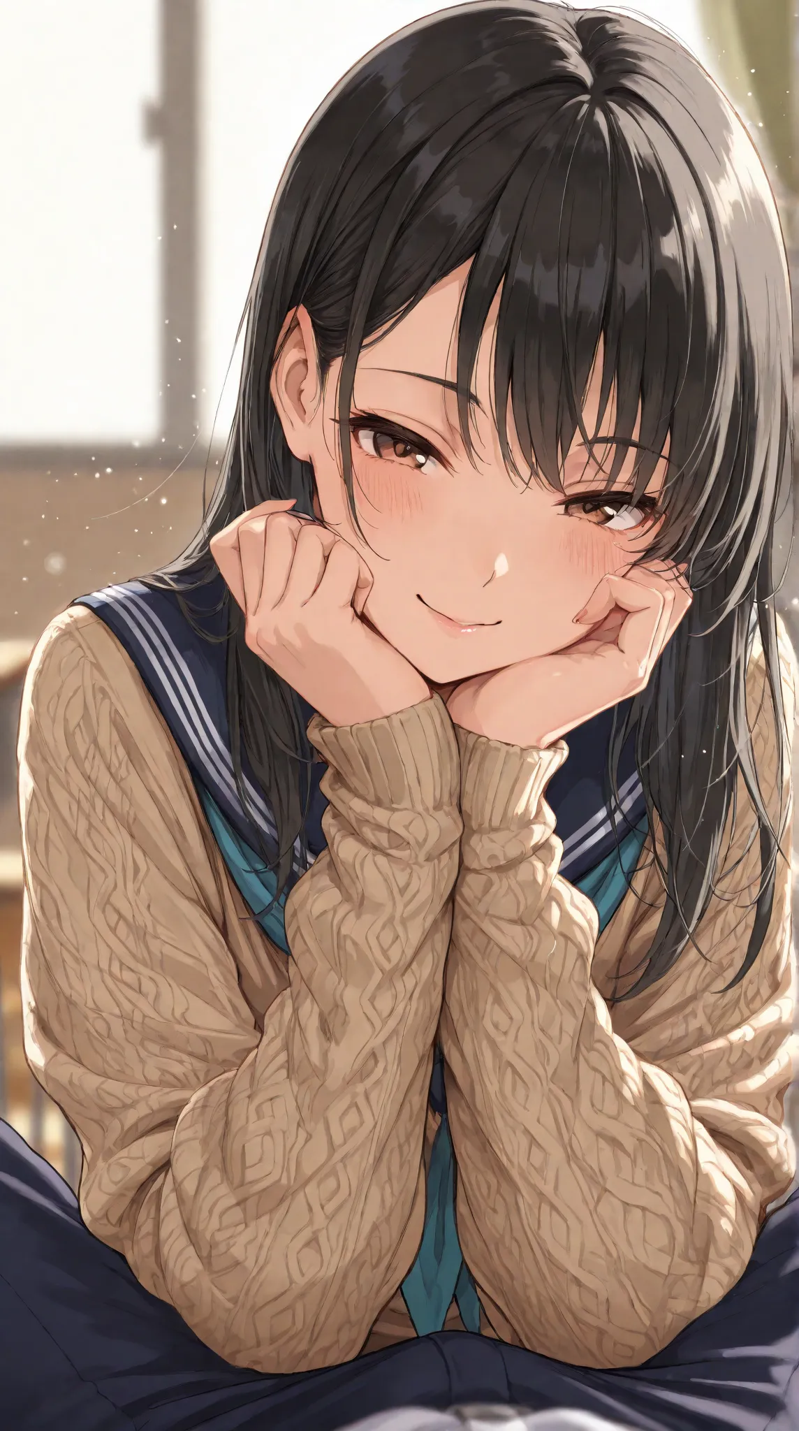 ,High school student, black hair,sexy,Detailed particles, depth_of_field, high resolution, high quality, ,uniform, sexy,, high quality, high resolution olution, detailed image, beautiful girl, beautiful to the eye, ，b,，brown eyes，knit  Shoulderless，Seducti...