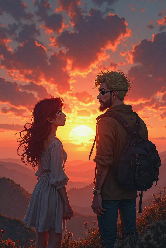 young woman of 25 years old with red hair, round face, thin lip, thin eyes, gray eyes with a trumpet nose, with a blond man of 34, blond, short beard of 3 days, blue eyes with a large eye patch on the right side, watching a super realistic sunset