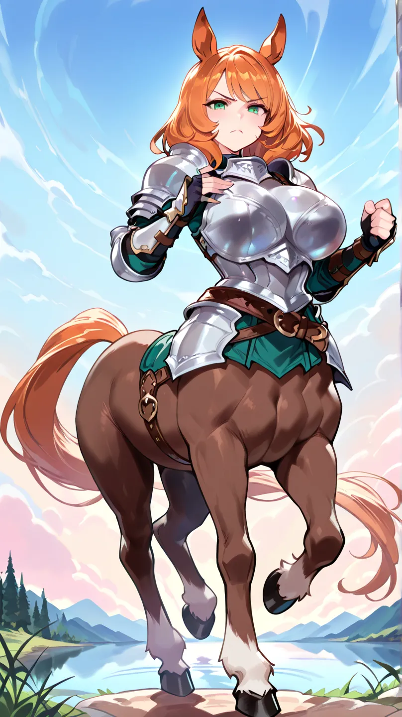 (masterpiece), (best quality:1.4), (perfect anatomy:1.4), high quality, expressive eyes, full body, 1girl, centaur girl, solo, detailed face, beautiful face, perfect face, detailed (ginger medium hair), detailed eyes, green eyes, (glistening skin:1.1), (li...