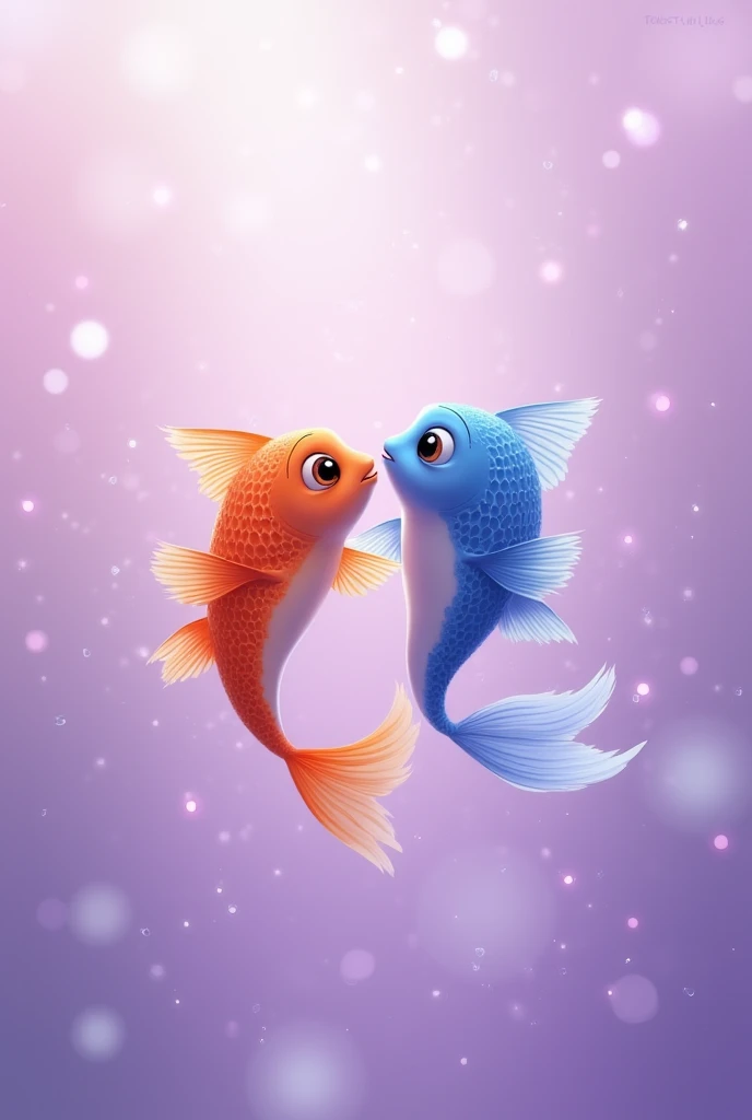 disney pixar , Two fishes  , smooth lilac background  .