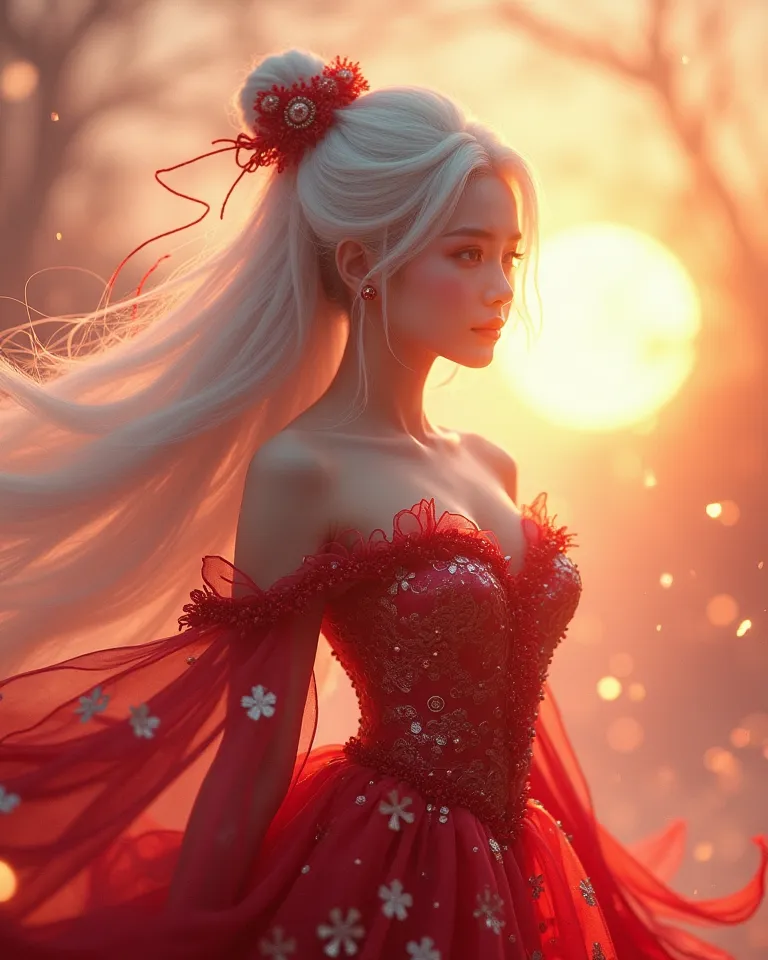 HD Delicate,Snow White Fluffy Hair,Female Deathly God,Shimmering Red Snowflake Totem Festival Dress,Under the Sunset Moonlight,Spiritual Beast,Jump Off Scenes,Smile,cheeks flushed, Full Chest , 1 girl,4K Ultra HD, Masterpiece, Extremely Delicate ,Realistic...