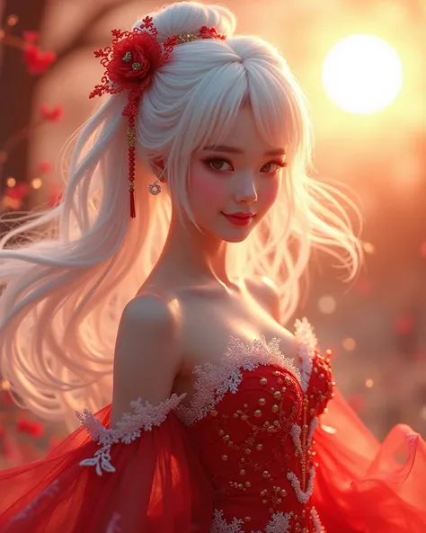 HD Delicate,Snow White Fluffy Hair,Female Deathly God,Shimmering Red Snowflake Totem Festival Dress,Under the Sunset Moonlight,Spiritual Beast,Jump Off Scenes,Smile,cheeks flushed, Full Chest , 1 girl,4K Ultra HD, Masterpiece, Extremely Delicate ,Realistic...