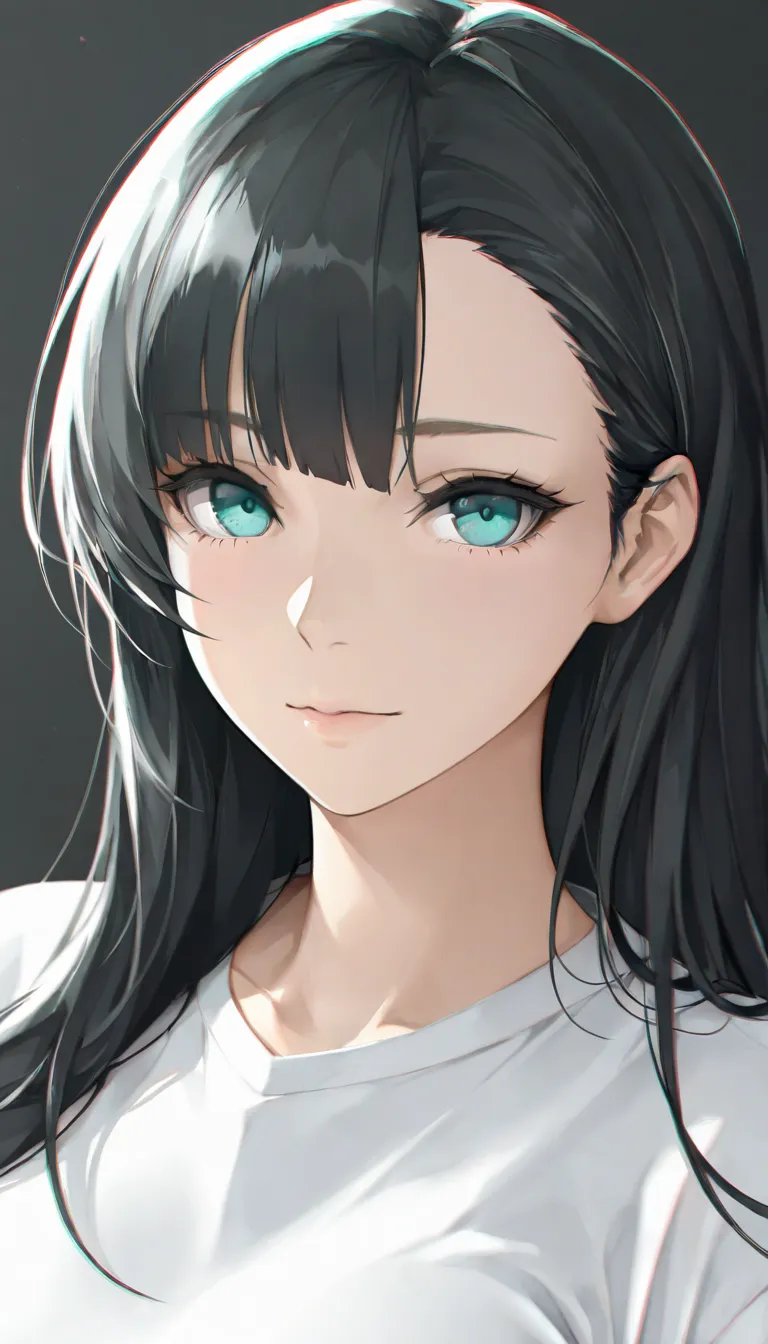 1woman, black hair, white shirts, white iliy, long hair, asymmetrical bangs, rococo style, chromatic aberration, masterpiece, turquoise eyes