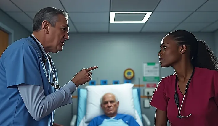 A tense scene in a hospital room. A middle-aged man with short grey hair, dressed in a red medical scrubs with a stethoscope around his neck, is angrily pointing his finger at a young Black female nurse. She wears blue medical scrubs and is visibly upset b...