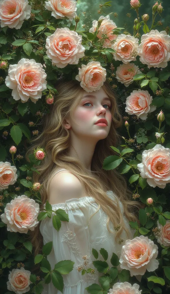  The woman who smells flowers ， everywhere is a rose ， very detailed ， artstation ， smooth ， sharp focus  ，illustration， Artgerm and Greg Rutkowski and Alphonse Mucha