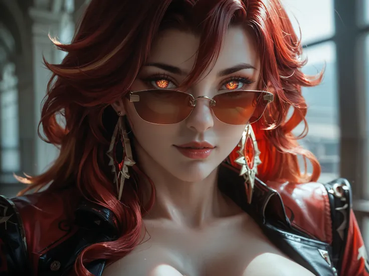 1girl,mavuika \(genshin impact\),jewelry,cleavage,earrings,ahoge,sunglasses,looking at viewer,large breasts,jacket,tinted eyewear,
very awa,masterpiece,best quality,year 2024,newest,highres,absurdres, (extreme close-up of Mavuka's eyes), intense gaze, hete...