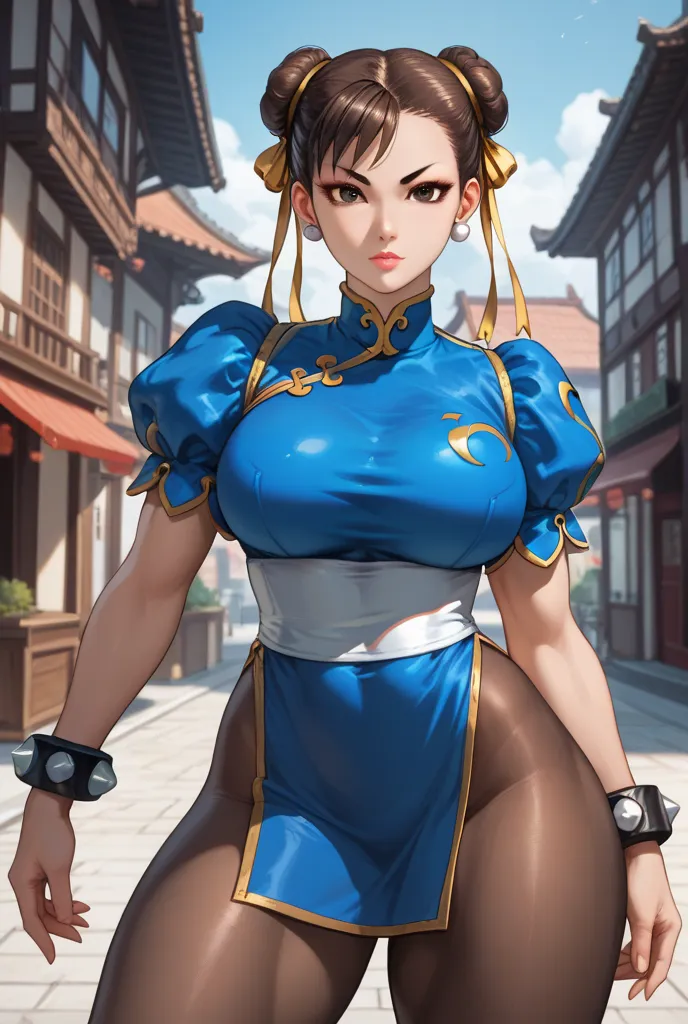 Chun-li, Beautiful young woman in a classic blue uniform,  Thick thighs and bigger breasts with sexy clothes , beautiful and sexy thighs ,a little muscular, hair tied,  black tights , Chinese city in the afternoon , Alone.Alone, blue clothes, blue skirt,  ...