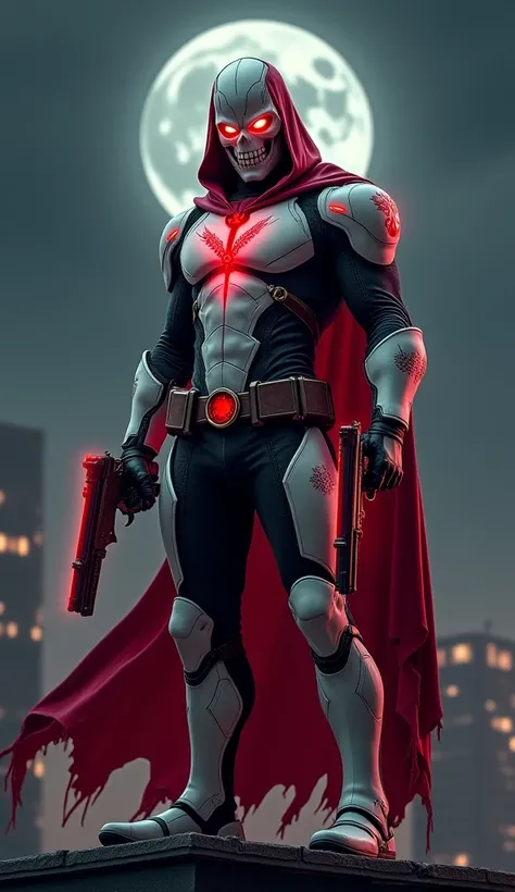 A masked vigilante stands atop a dark city rooftop under the full moon, his sleek white and blood-red armored suit glowing faintly in the night. His skull-shaped helmet has piercing red eyes, casting an eerie glow. In each hand, he holds a customized pisto...