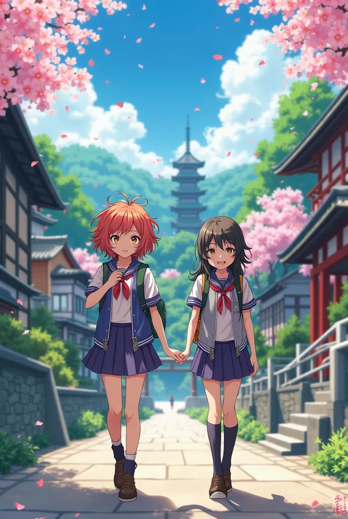 Two anime student walking forward to Japan 