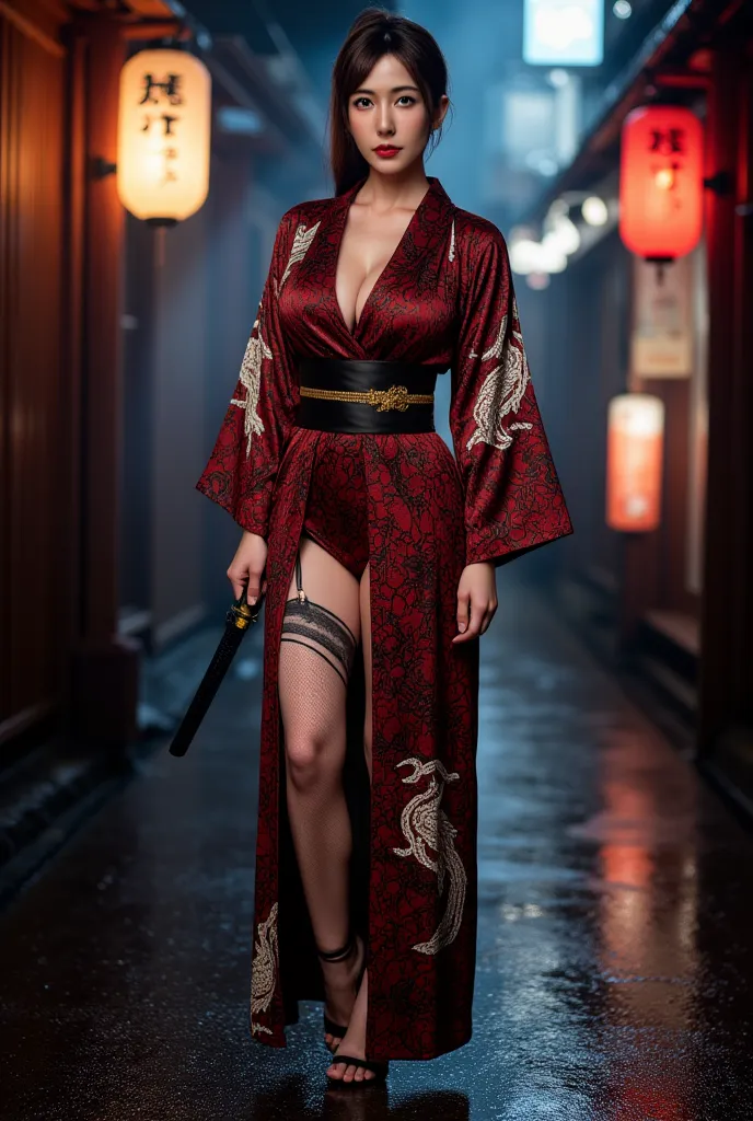 A striking portrait of a yakuza queen in modern-traditional fusion kimono, (intricate dragon-sakura pattern:1.3), (deep crimson-black silk fabric with golden obi:1.2), (asymmetrically draped kimono revealing toned right leg with fishnet stockings:1.4), sta...