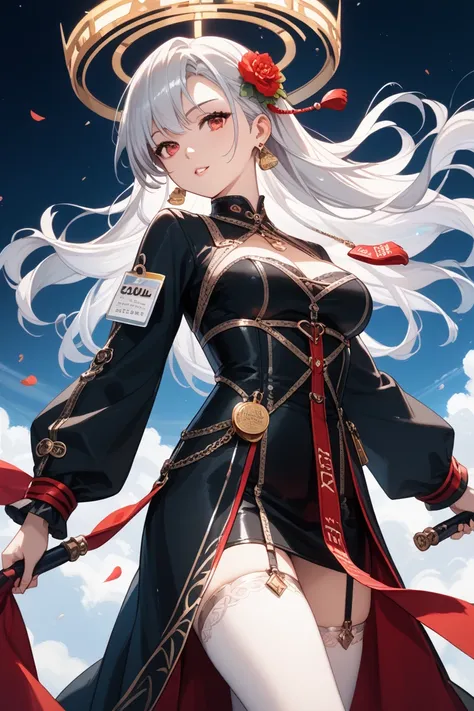 long straight woman with silver hair red eyes cute cool black clothes anime 