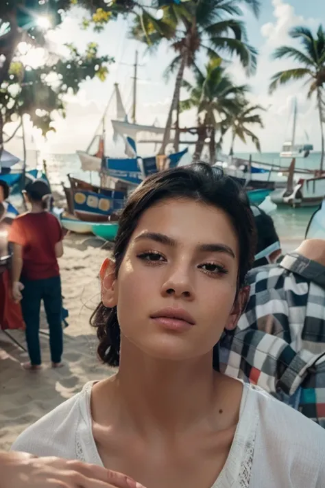 The face in the photo shows him wearing a black undershirt, visible from the waist to the head, and his arms look athletic and muscular with a beach view in the background.