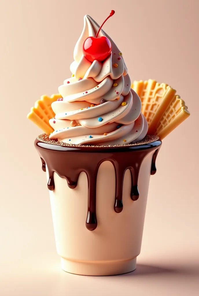 Create me realistic Premium soft-serve ice cream in a plastic cup, put big sugar cone topping with dripping chocolate syrups. Make it refreshing and delicious.