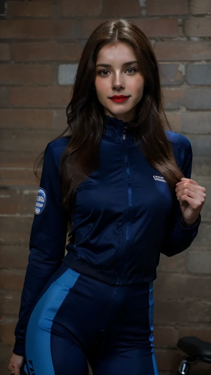 woman , long hair brown, normal, dark, she is solo, from alternative world ,best quality, realistic, cycling (full blue color) suit and cycling sports black shorts, she is stand , smile, red lipstick , 