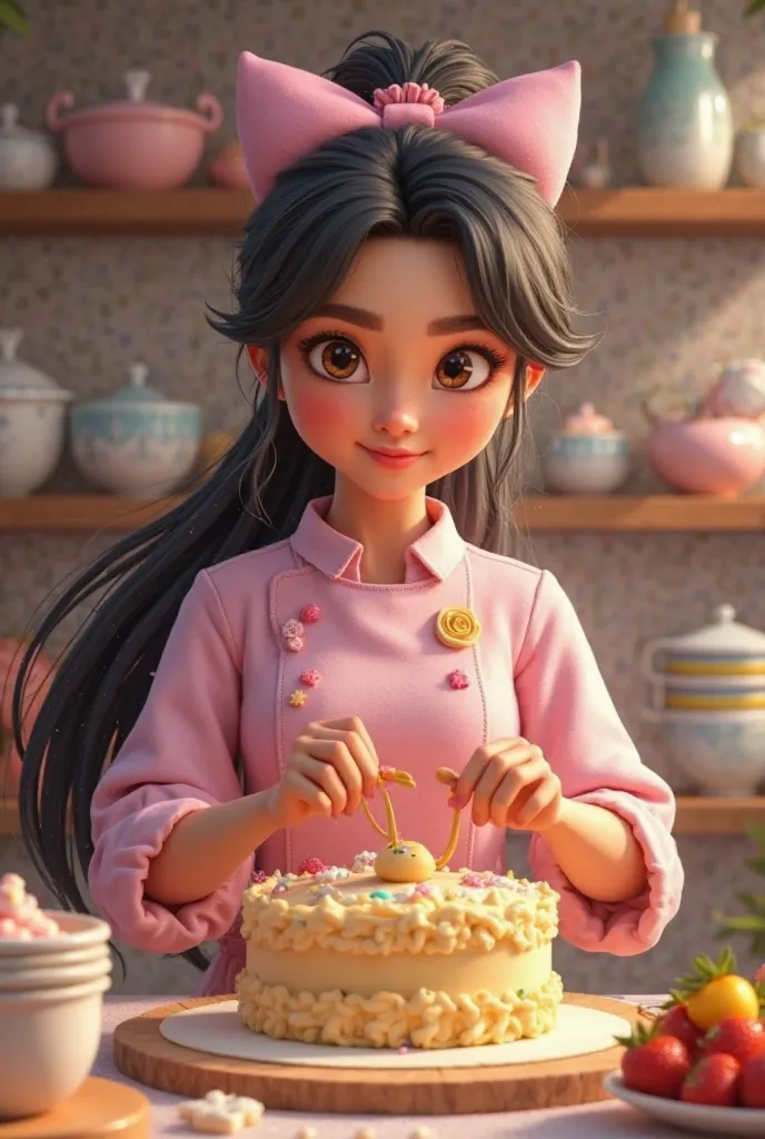 Disney Pixar 35-year-old female pastry chef,  brown eyes, long black hair tied with a bow, with a pink pastry jacket making a cake DON'T FORGET THE LENTEA