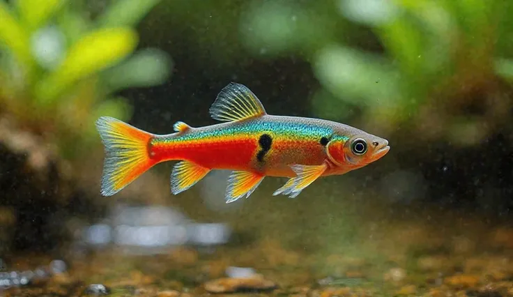 "A small but colorful Killifish swimming in a freshwater stream. The fish has striking red, yellow, blue, and green patterns, with tiny fins that shimmer under the water. The background features lush aquatic plants and a peaceful riverbed."