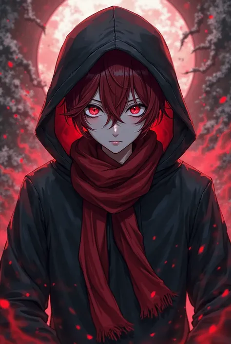 anime guy dark red hair with black single fringe in a hoodie with headphones, red and black scarf, red sharp eyes with black and red aura