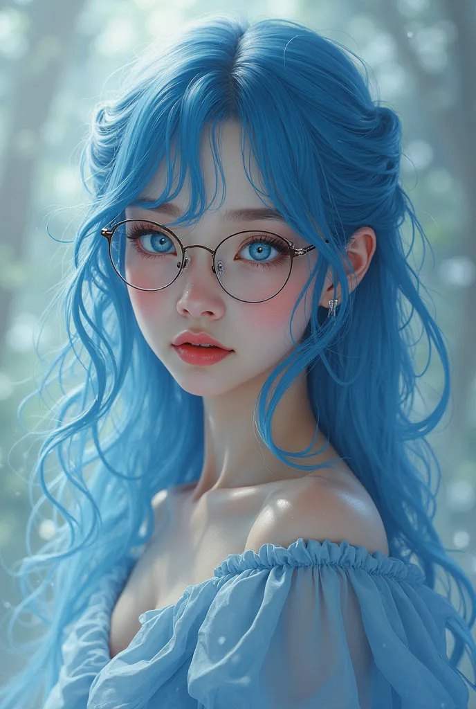 , , Long blue hair, blue eyes, glasses,  blue dress