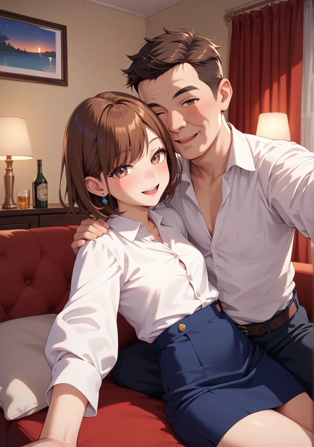 nsfw,Selfie,1 girl,1 man,short hair,straight hair that can't be seen from the outside ,brown hair,Brown Eyes,glamorous,swept bangs,her white button-up shirt,her dark blue skirt,night,,fat old man,middle age man, Long Sleeve,indoor, drunk,hotel, reclining ,...