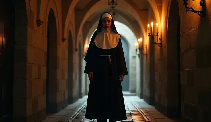 woman dressed as a nun walking down a dark corridor of the convent


