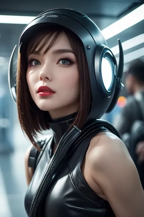  close-up of a woman wearing a futuristic helmet and red lipstick, Cyberpunk Jackie Wells, cgsociety 9,  style for stilets = Retro futuristic ,  beautiful android woman ,   female android ,  retro futuristic fashion , movie「 Blade Runner 」Still image of, F...