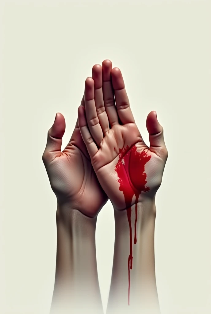 Two hands clasped together with index fingers, the other hand has blood.