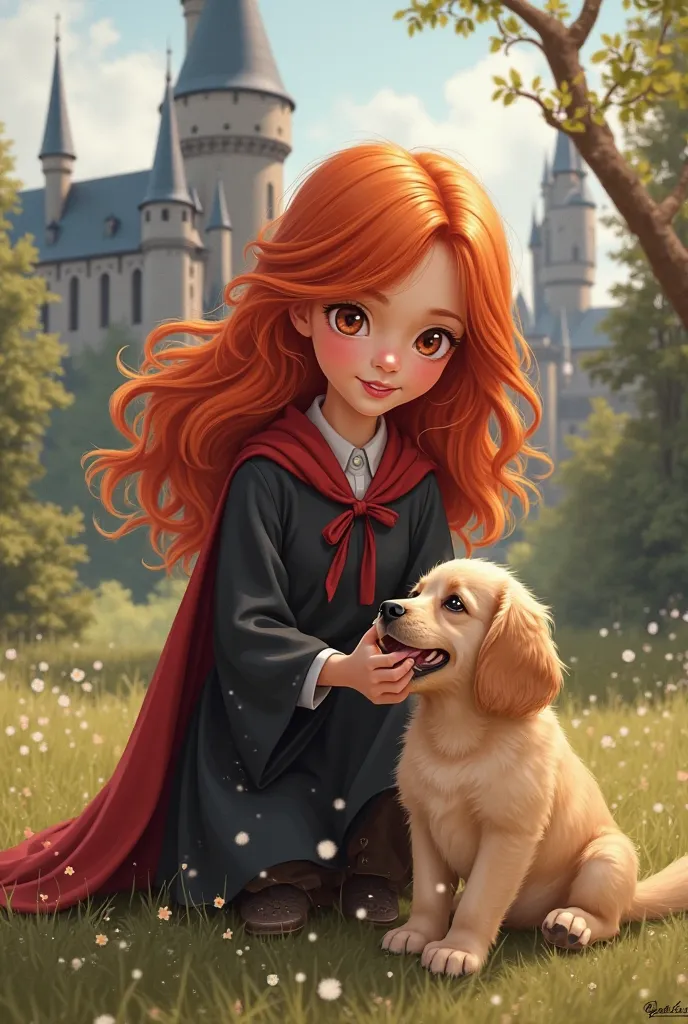 A red-haired age girl, and reddish eyes, in a Howarts costume, playing with a Golden Retriver puppy, drawn