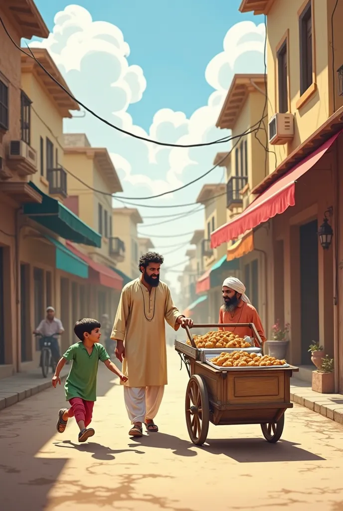 Make vector illustration of old Pakistani street a Pakistani man wearing dull shalwar qameez with old Andy wali kulfi white cart and boy and girl wearing shalwar qameez running towards him happily with coin on hand in vector illustration 