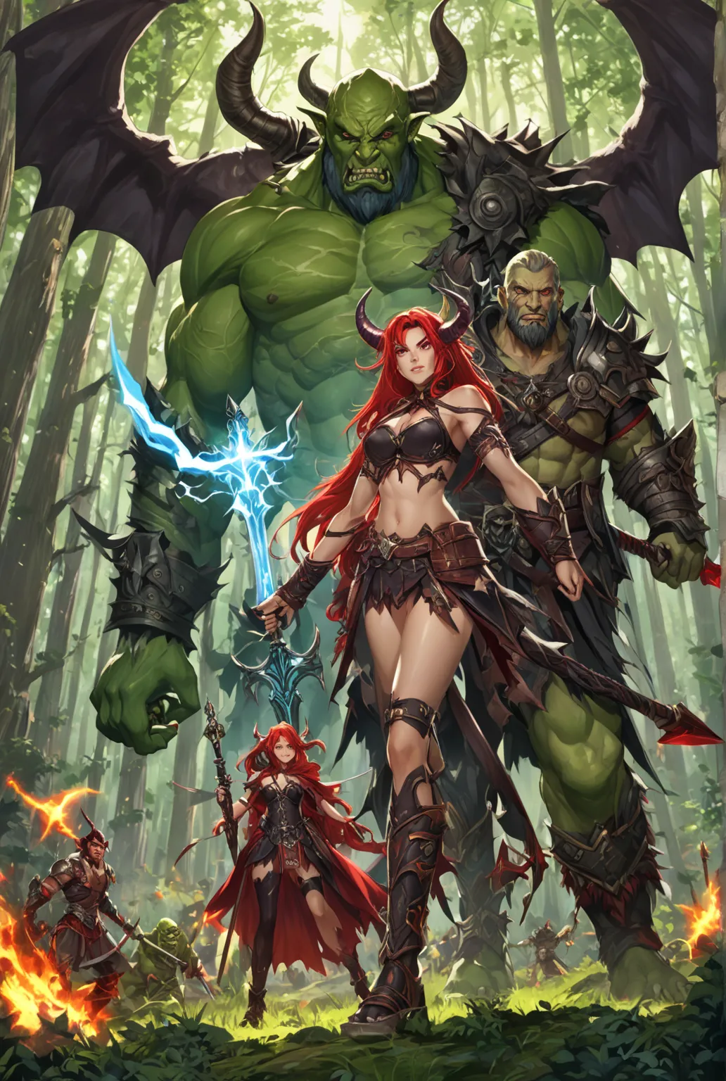 A handsome warrior with lightening sword with time beard, a beautiful mage with her magic staff,  a handsome Archer with daggers, a beautiful orc female in red hairs with dual battle axe, demon king like abbadon and satan in background in green forest.