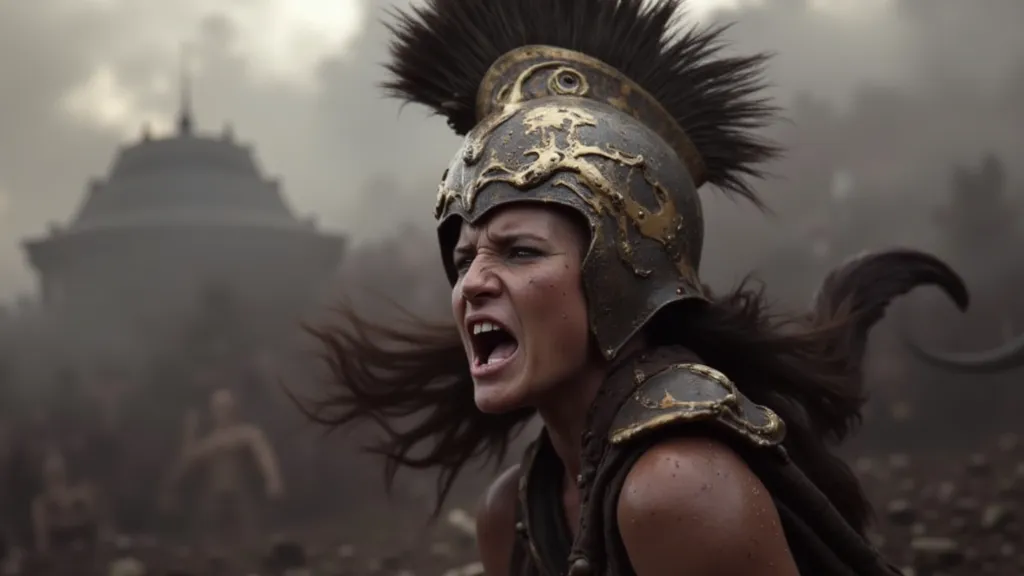 An Amazon warrior is shouting a war cry, with sweat on her face and an expression of fury. She has a scar on her face and is wearing a helmet similar to that of the goddess Athena. The scene is depicted in a realistic style, capturing the intensity and det...