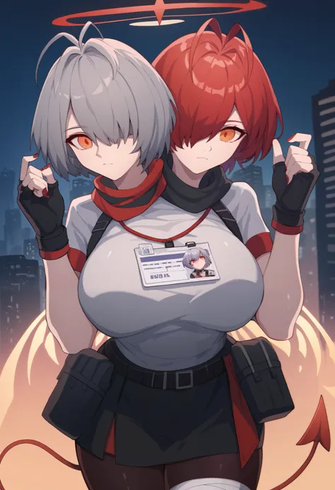 conjoined, 2girls, 2heads, two heads, a tall thin girls with 2 heads, conjoined, exidef, detached wings, energy wings, short hair, red hair, hair over one eye, halo, orange eyes, white jacket, id card, black belt, belt pouch, short sleeves, raglan sleeves,...