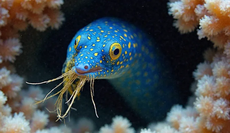 "A stunning Ribbon Eel with an elongated, ribbon-like body in brilliant shades of blue and yellow. The eel has long, delicate tendrils extending from its mouth. It is peeking out from a coral crevice in a deep-sea environment."