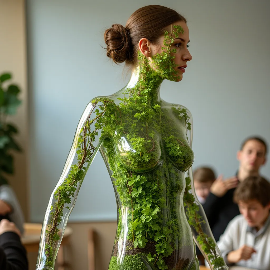  Le tableau représente un personnage féminin avec un corps transparent comme s'il était fait de verre, permettant d'apercevoir un environnement naturel verdoyant à l'intérieur.   Dans le corps , Il y a de l'herbe courte, des feuilles de vigne comme si son ...